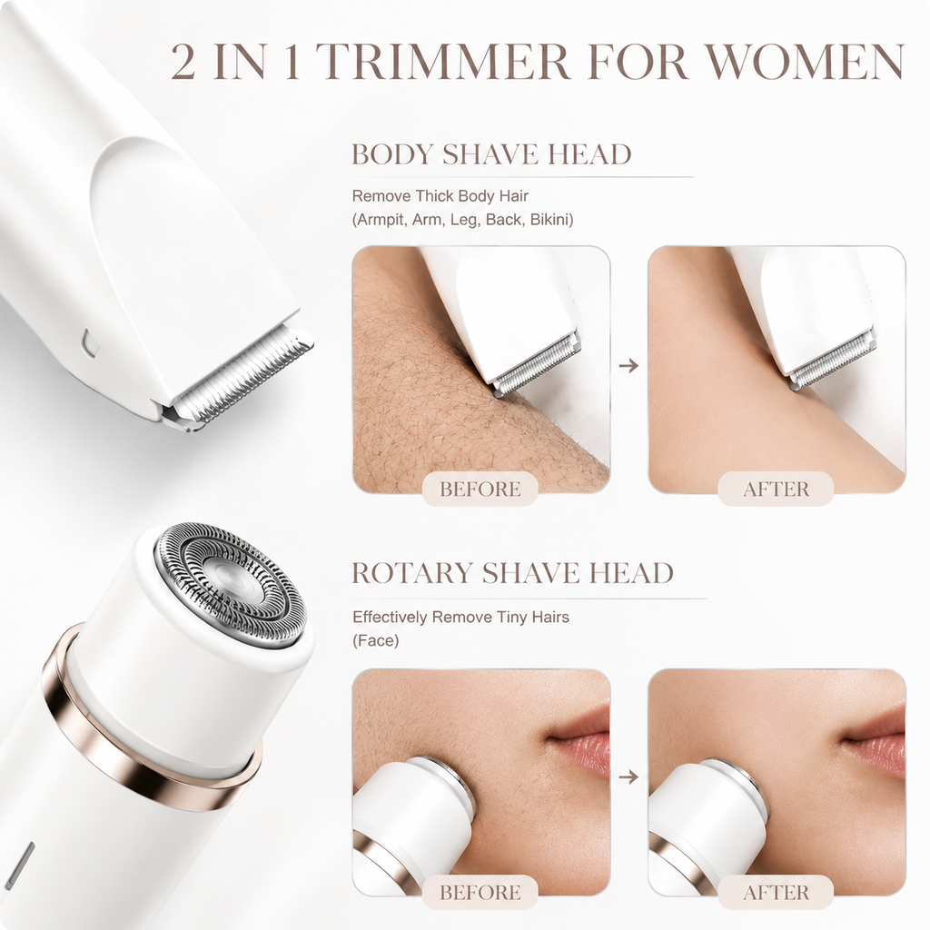 Bikini Trimmer for Women, Electric Shaver and Razor Rechargeable 2-In-1 Body and Facial Epilator, Dual Heads for Painless Trimming of Pubic Hair, Face, Underarms and Legs, Summer Gift,Dorm Essentials Tiktokshopbacktoschool