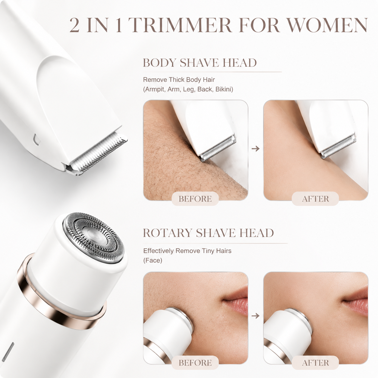 Bikini Trimmer for Women, Electric Shaver and Razor Rechargeable 2-In-1 Body and Facial Epilator, Dual Heads for Painless Trimming of Pubic Hair, Face, Underarms and Legs, Summer Gift,Dorm Essentials Tiktokshopbacktoschool